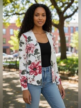 Women’s Floral Open Front Cardigan White Pink/Red Size Medium Polyester